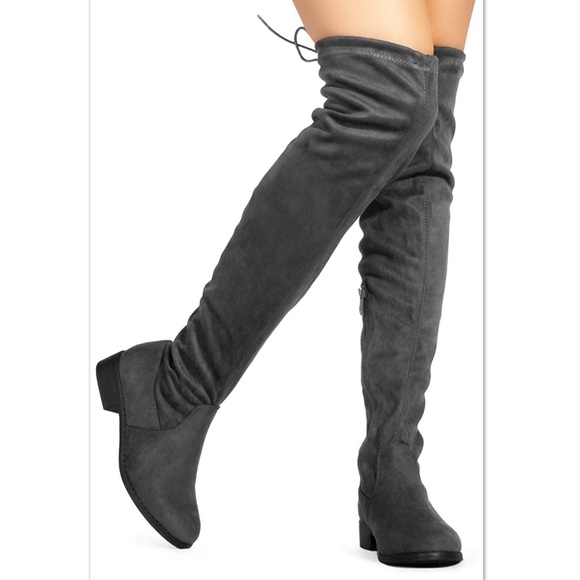 Grey Micro suede Over the Knee Flat boot - Picture 2 of 4